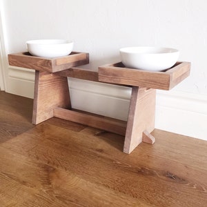 Modern Square Dog Bowl Set Elevated Pet Feeder Porcelain Pet Bowls  Contemporary Dog Bowls Raised Dog Bowls Wood Rustic Pet Feeder 