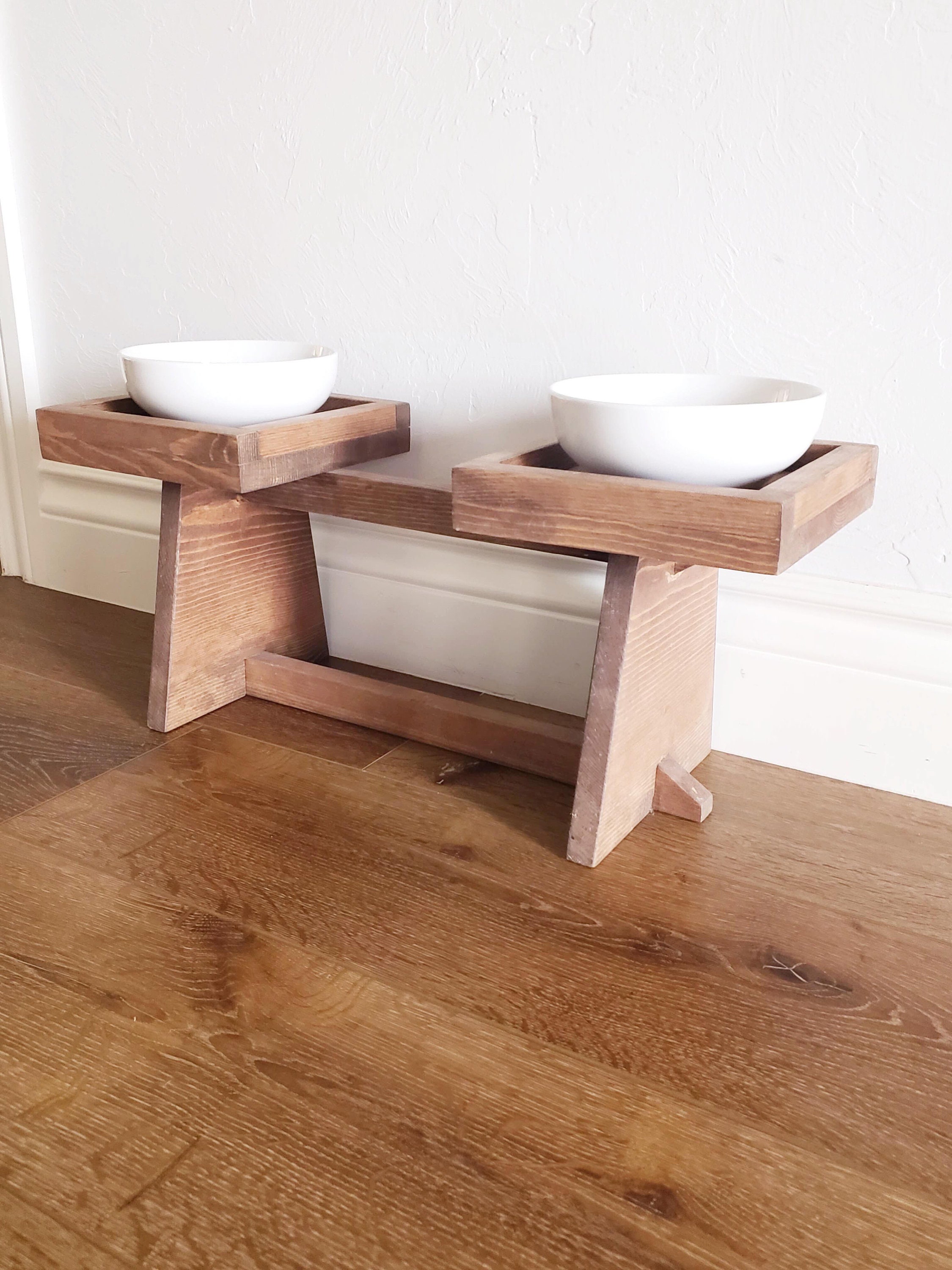 Modern Tall Metal Elevated Dog Bowl with Natural Wood Top - Black - Boots 