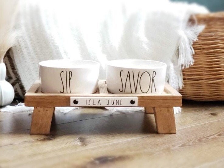 Raised Dog Bowl Feeder | Elevated Feeding Station Farmhouse Kitchen Decor Personalized Dinner Table