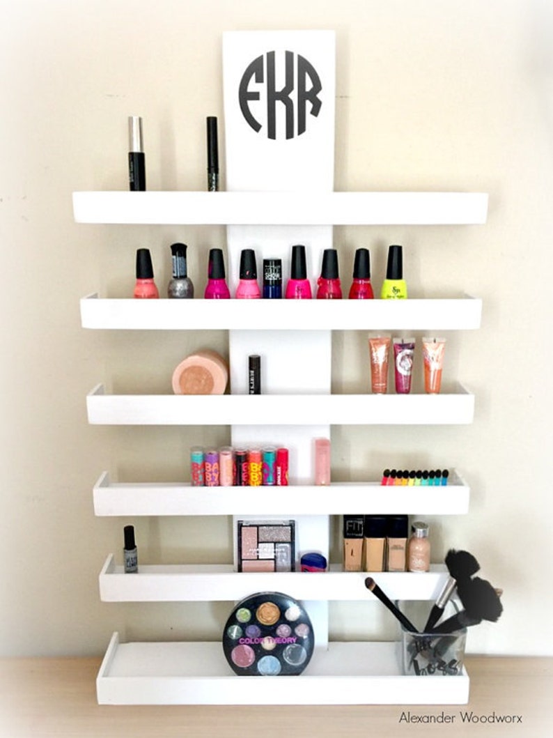 Wall Mounted Makeup Shelf Makeup Organizer Nail Polish Holder Make up shelf Monogramed Makeup Organizer Hanging makeup shelf image 5