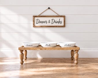 Triple Bowl Dog Feeder | Personalized Farmhouse Pet Bowl Stand | Elevated Dog Table | Medium Large Dog Bowl Stand | Dog Bowl Riser Platform