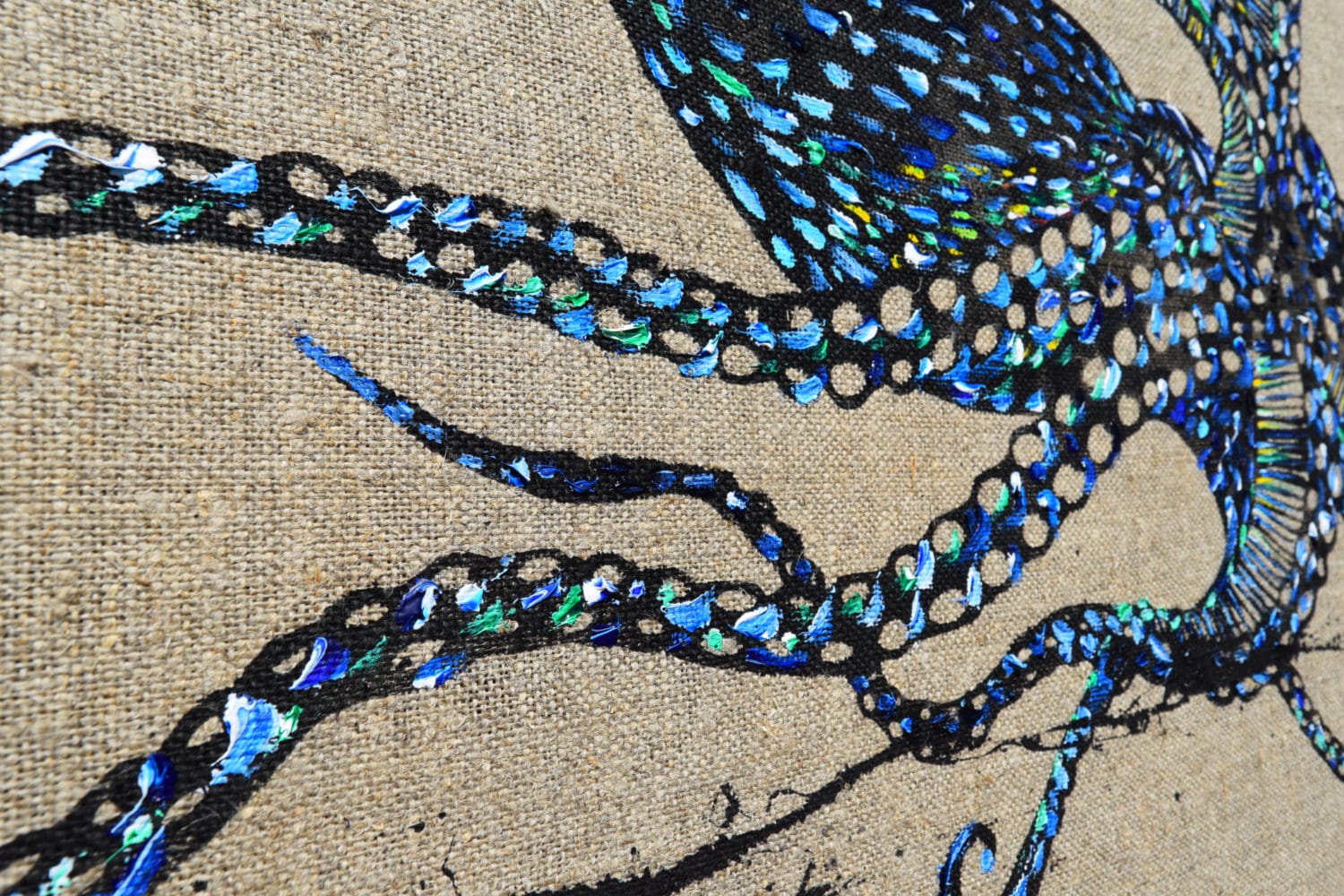 タコの絵 リネンの抽象画、オリジナル＆ハンドメイドアクリル画