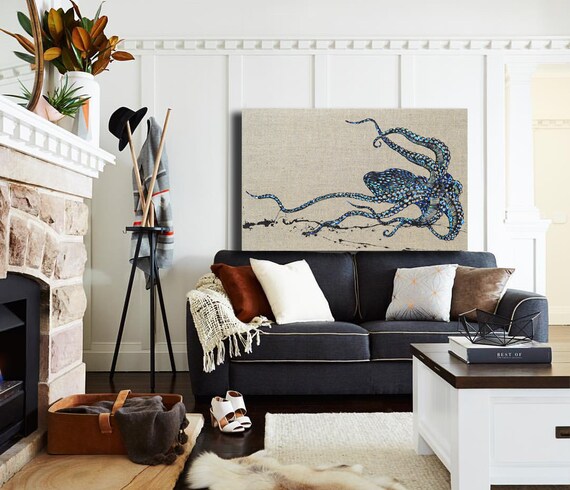 タコの絵 リネンの抽象画、オリジナル＆ハンドメイドアクリル画