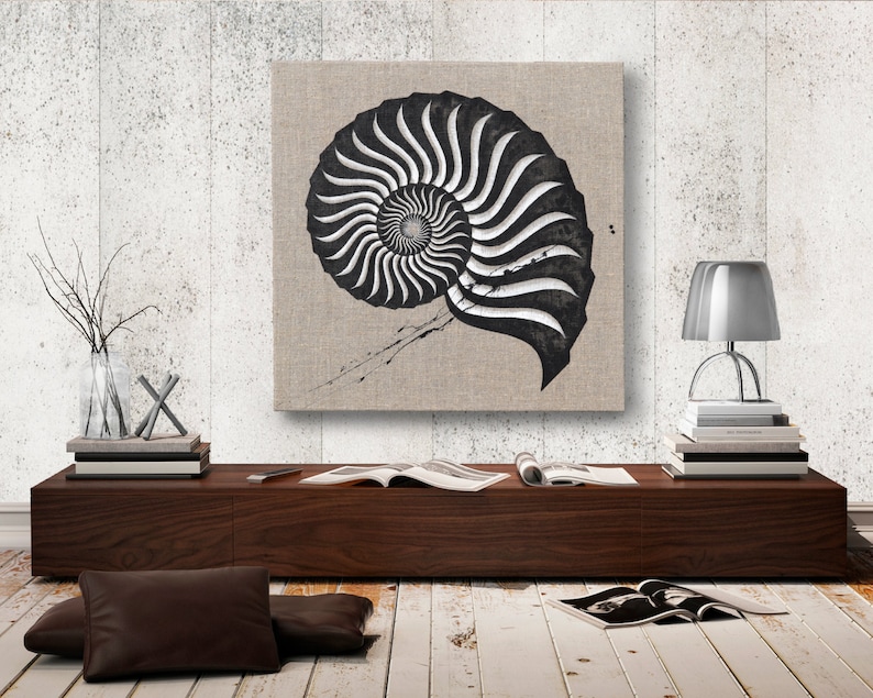 Nautilus Shell Nautical Large art Golden Proportion Acrylic Painting Ocean art original painting made on Linen image 2