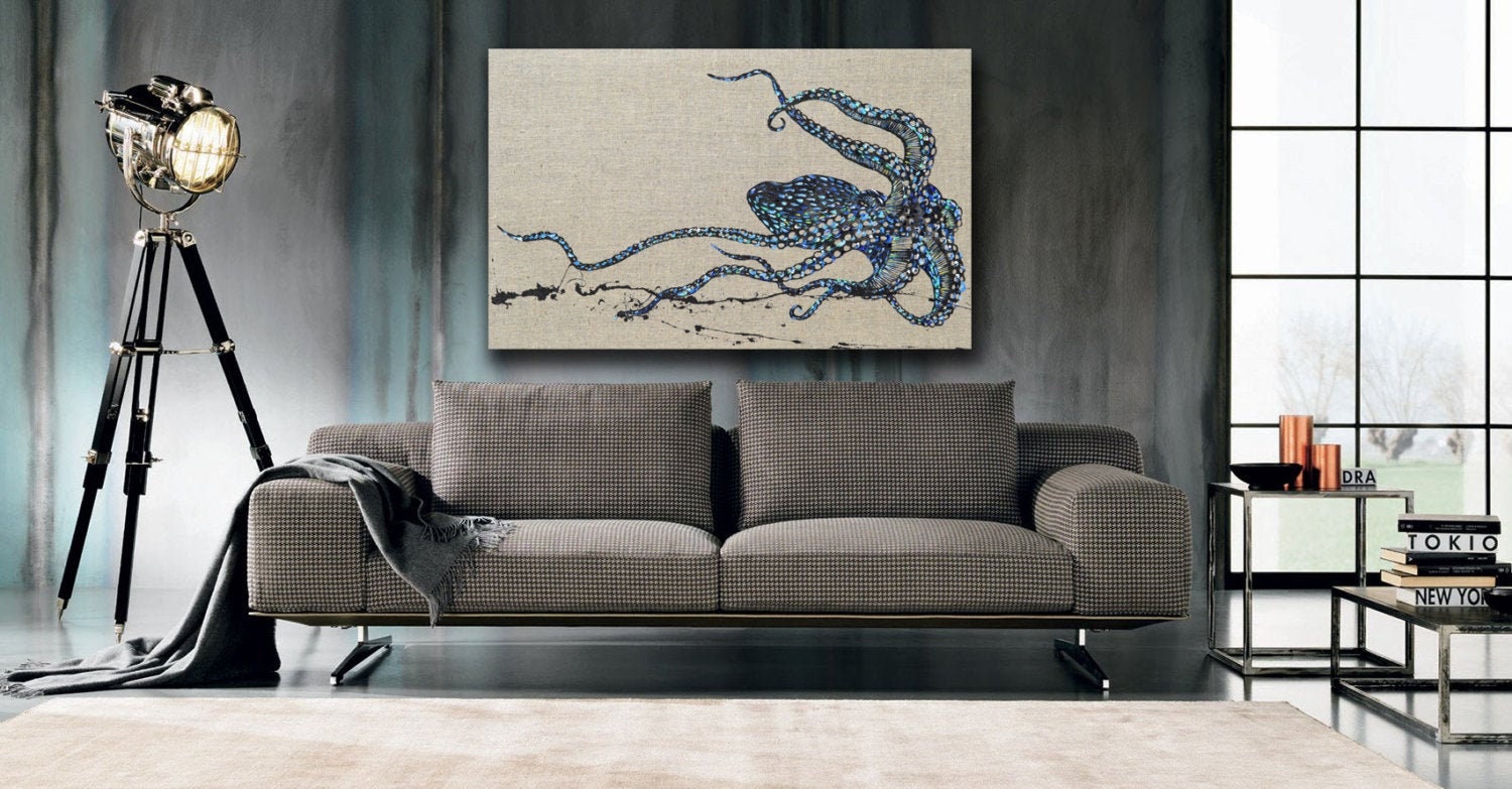 タコの絵 リネンの抽象画、オリジナル＆ハンドメイドアクリル画