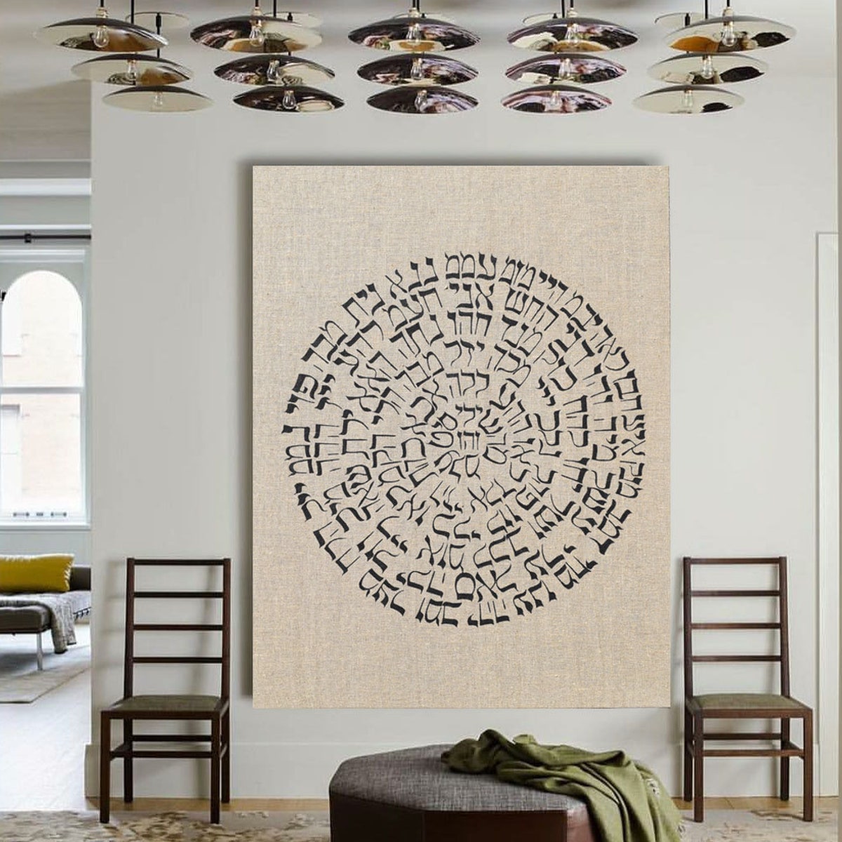 Jewish art, Jewish wall decor, Large Jewish Art, Hebrew letters, Kabbalah 72 names of God, Original Modern art on Beige Linen by Dina Luka
