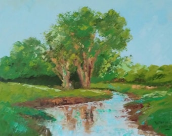 Original textured painting of Trees by a river.