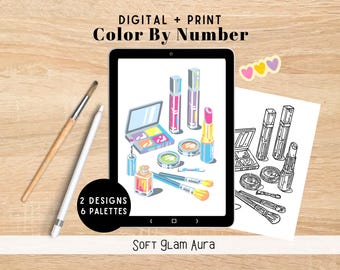 Pretty Makeup Mirror Digital Coloring Kit | 2 Designs | Printable Paint By Number, Procreate Coloring Pages | Self Care Girls Night Activity