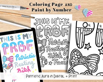 Patriotic Bitch Face Digital Coloring Kit | 2 Fourth of July Designs | Paint By Number, Procreate Coloring Pages | American Girl Activity