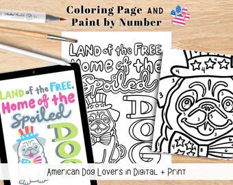 American Dog Girl Digital Coloring Kit | 2 Patriotic Puppy Designs | Paint By Number, Procreate | Dog Mom Activity | USA Pet Lover Gift