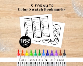 Color Swatch Card Bookmarks: 5 Printable Coloring Palettes with Canva Custom Link and Template for all Marker Types | Color Chart Swatches