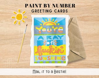 Sweary Sunshine Paint by Number Coloring Greeting Cards Set of 2 | Mail a Best Friend, Bestie | Gift for Women | Gen Z Self Care Activity