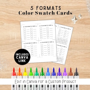 Schede campione colore: 5 tavolozze da colorare stampabili con link e modello personalizzati per Canva per tutti i tipi di pennarelli / inventario campioni di colore