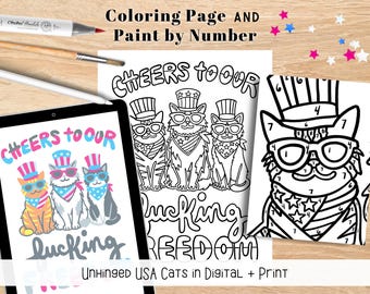 Sweary American Cat Digital Coloring Kit | 2 Designs | Printable Paint By Number, Procreate | Funny Coloring Activity | USA Cat Lover Gift
