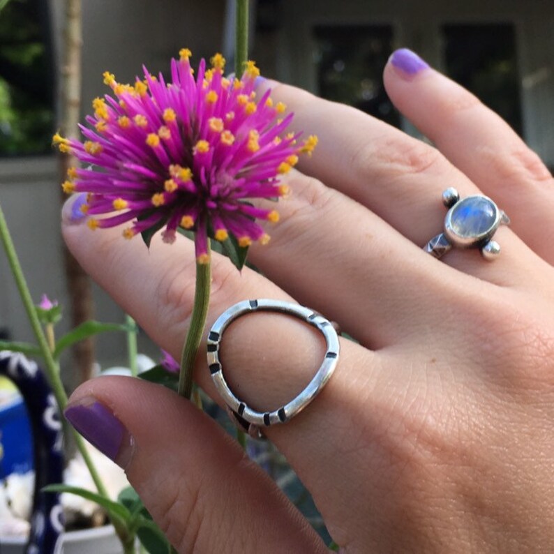 Natural Rainbow Moonstone and Recycled Sterling Silver Dot Ring
