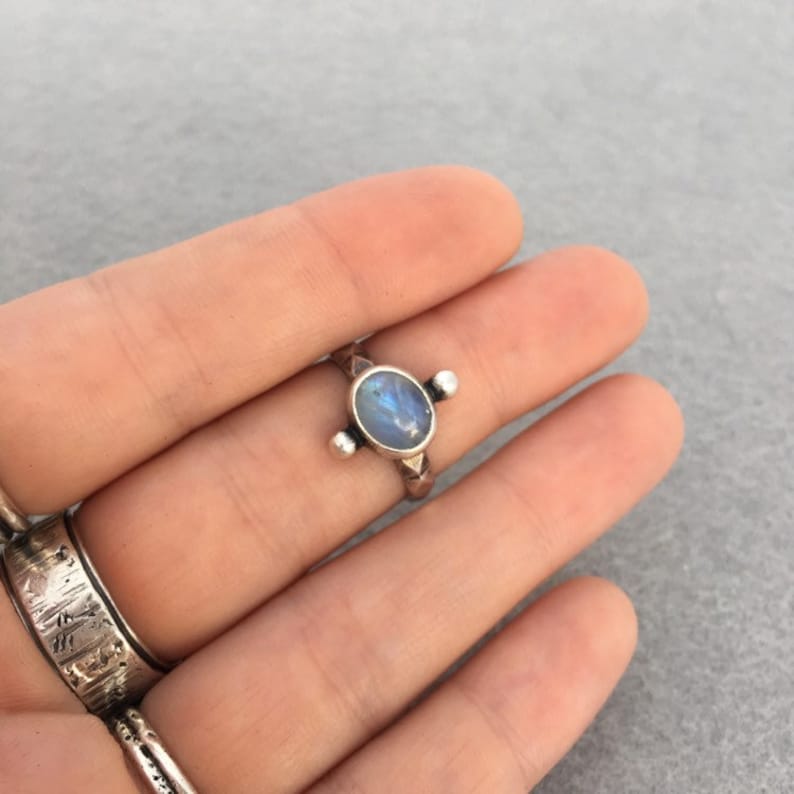 Natural Rainbow Moonstone and Recycled Sterling Silver Dot Ring