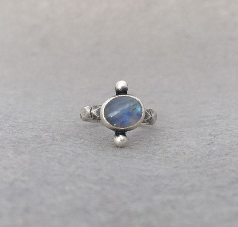 Natural Rainbow Moonstone and Recycled Sterling Silver Dot Ring