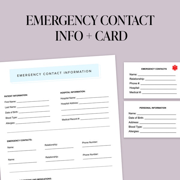 Senior Care Emergency Contact Bundle - Printable PDF - Wallet Card & List - Elderly Dementia Emergency Info - Instant Download
