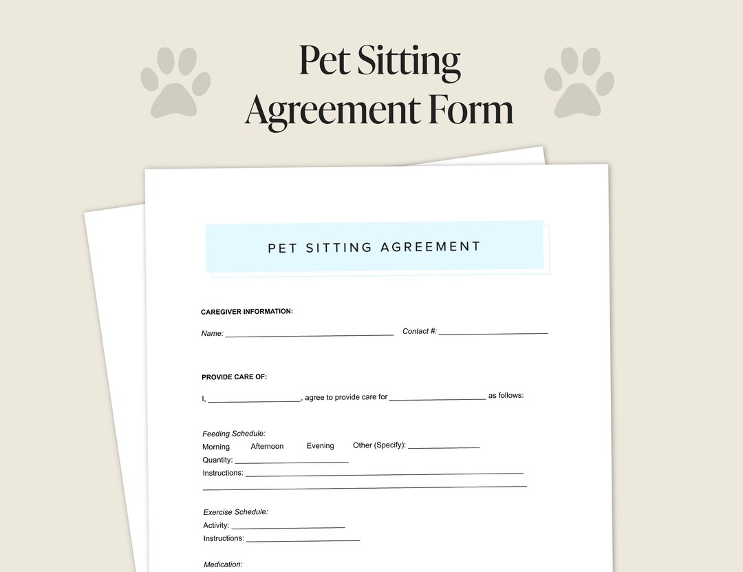 Dog Sitting Agreement Editable Form Printable Overnight Pet Sitting ...
