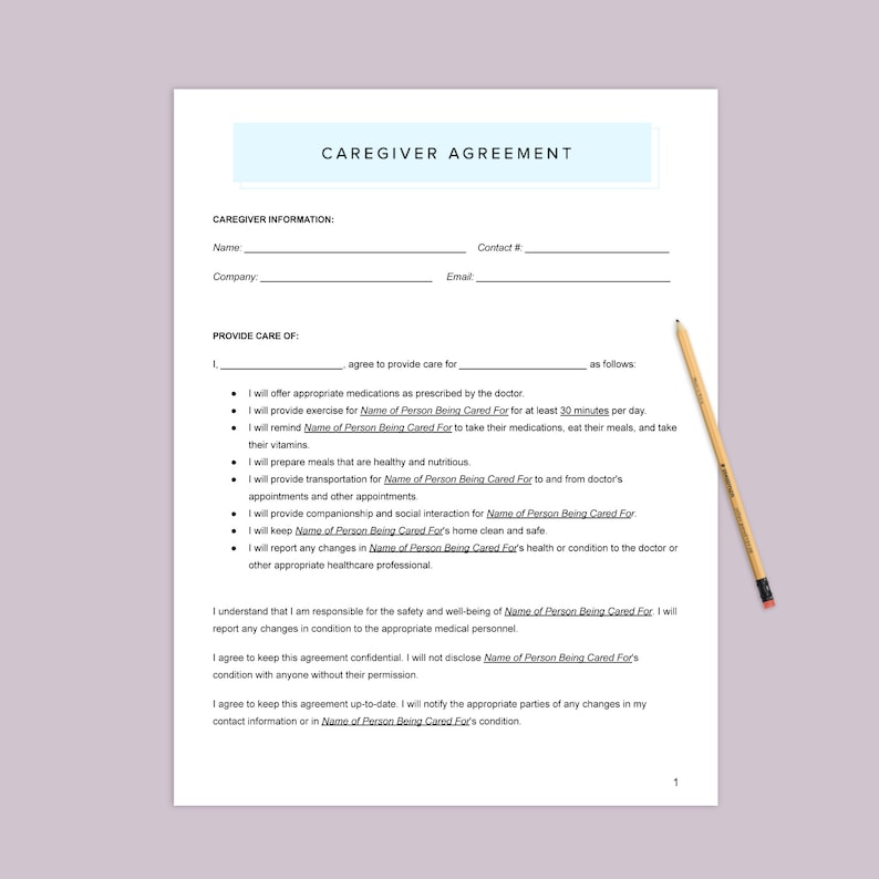 Elderly Parent Caregiver Agreement Form Senior Caregiver Agreement Form ...