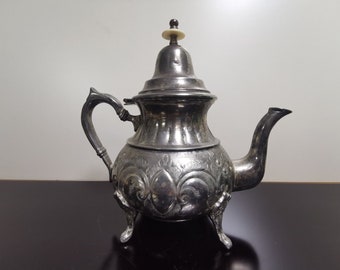 Old Antique Ornate Marocco Silver Plated Brass Teapot with Floral Details Signed