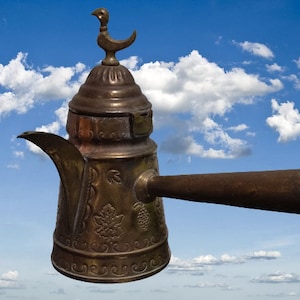 May include: An ornate brass coffee pot with a bird finial on top and a long handle. The pot has intricate floral and vine designs.