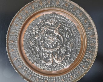 Awesome Vintage Persian Hand Hammered Copper Tinned Birds Wall Hanging Plate