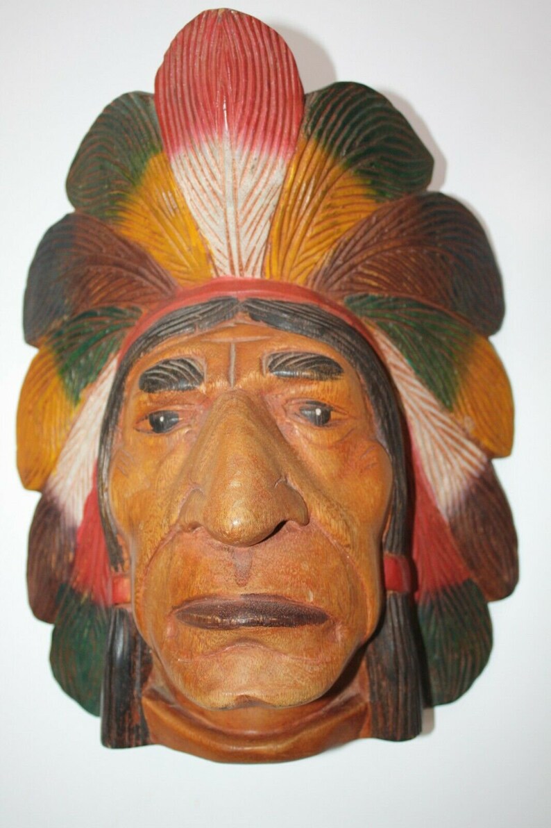 Native American Hand Carved Painted Wood Indian Head Chief Etsy