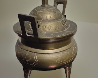 Antique Chinese Sensor Incense Burner Bronze Brass Xuande Mark Dynasty Etched