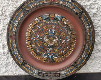 Old Antique Mexico Maya Aztec Calendar Enamel on Copper Plate Wall Hanging Art