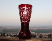Awesome Czech Bohemian Crystal Glass Ruby Red Cut to Clear Flower Vase Large 26cm