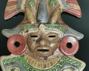 Tribal Mexican Aztec Mayan Face Mask Terracotta Clay Hand Painted Wall Hanging