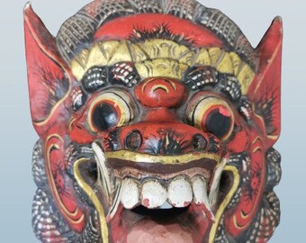 Vintage Polychrome Barong Rangda Wooden Mask Bali Indonesia Hand Painted