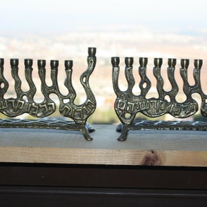Vintage Judaica Brass Hanukkah Lamp Jewish Menorah Holy Land Jerusalem Israel