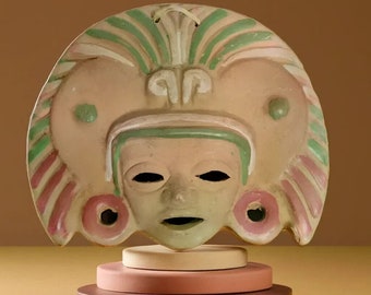 Vintage Mexican Aztec Mayan Face Mask Terracotta Clay Hand Painted Wall Hanging