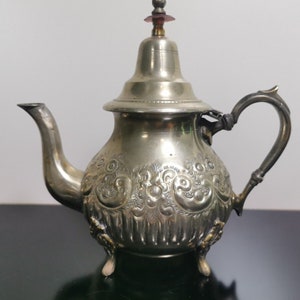 Antique Ornate Morocco Silver Plated Brass Teapot with Floral Details
