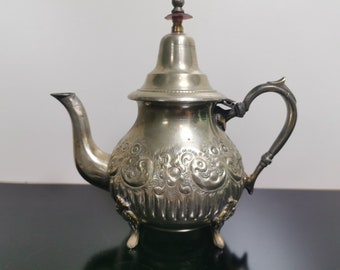 Antique Ornate Marocco Silver Plated Brass Teapot with Floral Details