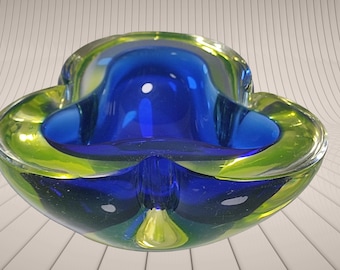 60s Heavy Murano Sommerso Geode Bowl Ashtray Blue Green Uranium Art Glass Italy