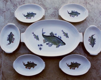 Belle vintage Israël Épaisse Porcelaine Kedar Fish Platter Tray 6 Assiettes Set Or
