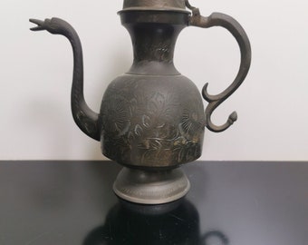 Vintage Solid Brass Indian Made Etched Antique Aftaba Tea Coffee Pot Pitcher