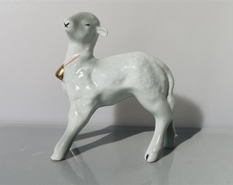 Vintage Porcelain Baby Lamb with Gold Bell Figurine Probably USSR 60's