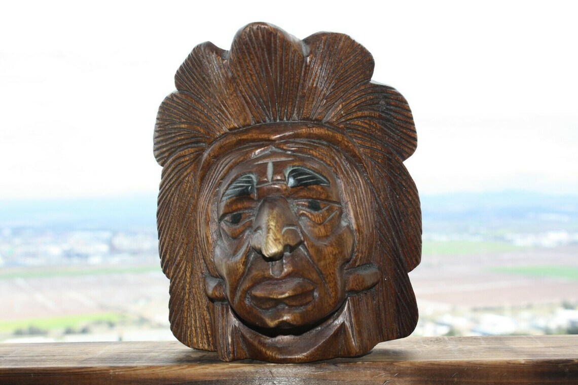 Old Hand Carved Wood Indian Head Chief Bust Figurine Statue Etsy