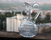 Old Vintage Cut Crystal Glass Handled Pitcher Jug Carafe with Grape and Leaf