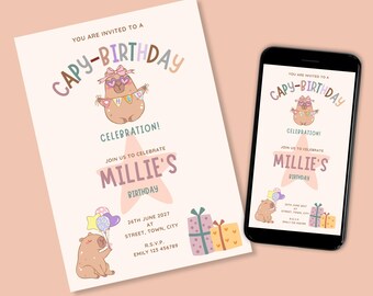 カピバラの誕生日招待状テンプレート｜子供向けパーティー招待状（デジタルダウンロード）