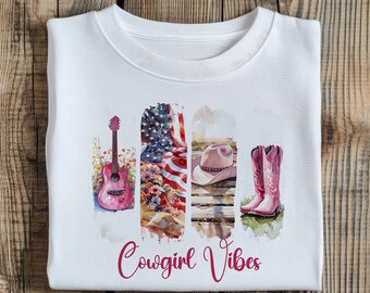 INSTANT DOWNLOAD - Cowgirl Vibes Watercolor Panels Design | Western Pink Boots & Hat Art | Country Girl Digital Download