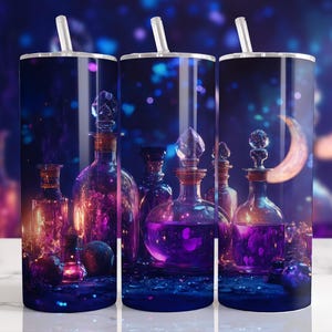 May include: Three stainless steel tumblers with a magical potion theme. Each tumbler features a different arrangement of glass bottles filled with colorful liquids and glowing effects. The background is a dark blue with a crescent moon and stars.