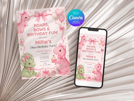 Coquette Dinosaur Birthday Invitation, Pink Dino Party Template (Digital Download)