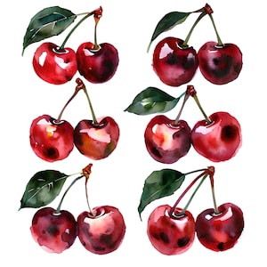 Watercolour cherries design, clipart, PNG, JPG, PDF. Digital Download.
