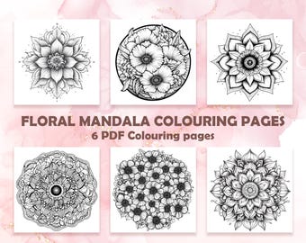 INSTANT DOWNLOAD - Collection of 6 decorative floral mandala colouring page designs