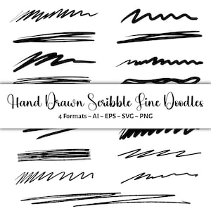 May include: A set of 12 hand-drawn scribble line doodles in black. The doodles are in various styles, including wavy, straight, and zig-zag lines. The text "Hand Drawn Scribble Line Doodles" and "4 Formats ~ AI~EPS~SVG ~ PNG" is included in the image.